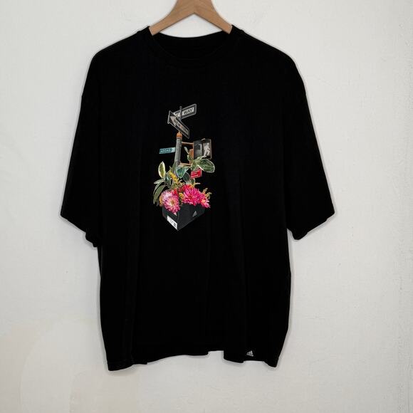 adidas NYC Shoebox Floral T Shirt Mens Size 2XL Black Oversized Streetwear Y2K - Picture 7 of 7